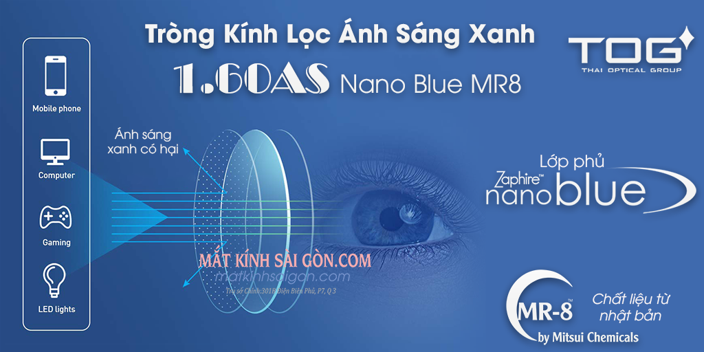 TRÒNG KÍNH LỌC ÁNH SÁNG XANH 1.60 NANO BLUE MR8