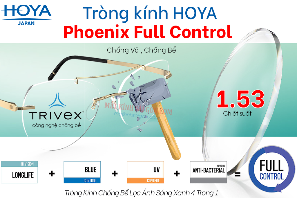 Tròng Kính Chống Bể 1.53 HOYA Phoenix Full Control