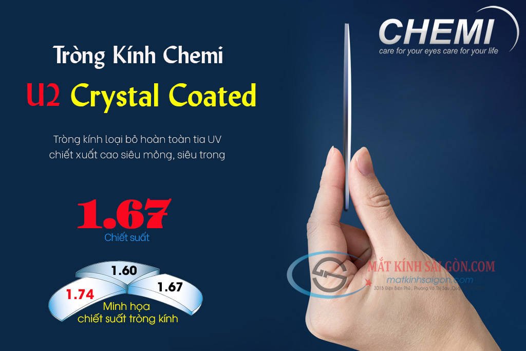 TRÒNG KÍNH 1.67 CHEMI U2 CRYSTAL COATED UV400