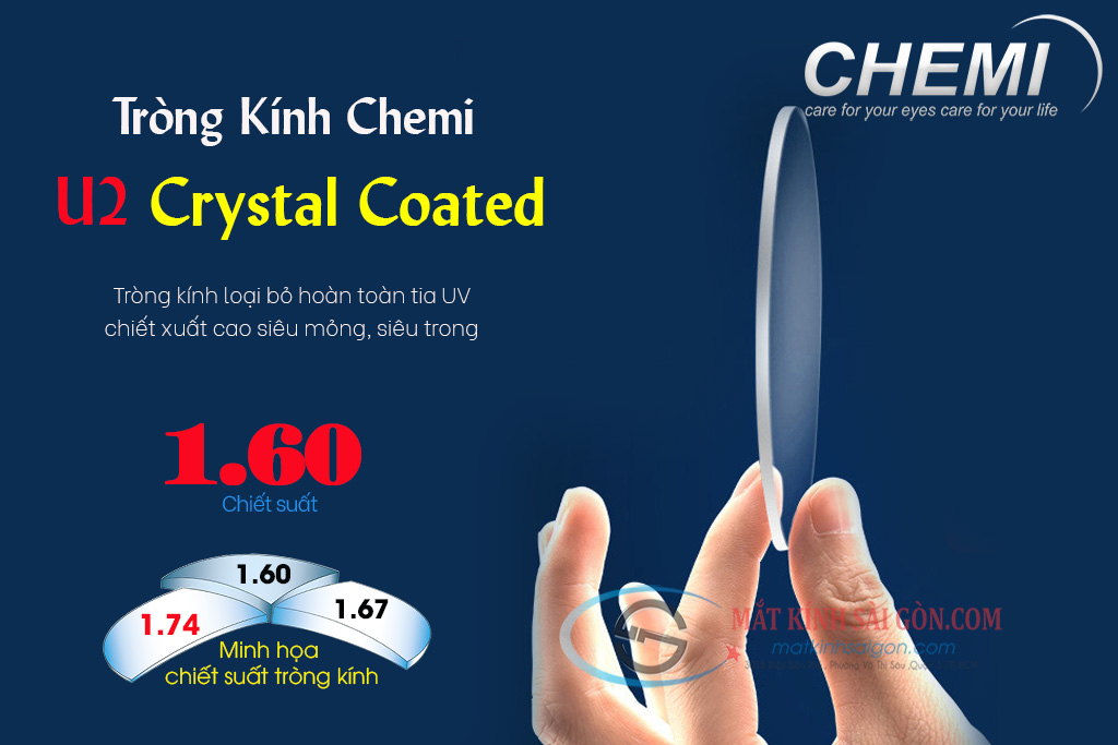 TRÒNG KÍNH 1.60 CHEMI U2 CRYSTAL COATED UV400