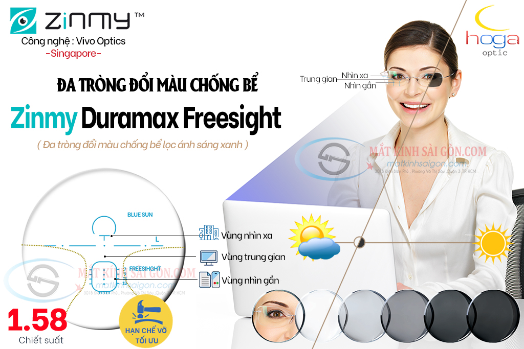 KÍNH ĐA TRÒNG ĐỔI MÀU CHỐNG BỂ 1.58 ZINMY DURAMAX FREESIGHT
